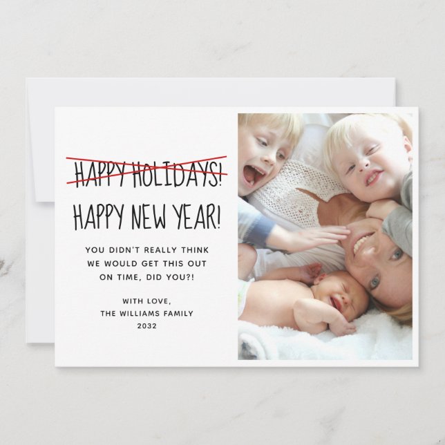 Funny Modern Happy New Year 3 Photo Holiday Card (Front)