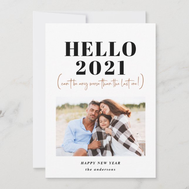 Funny modern typography hello new year photo holiday card (Front)