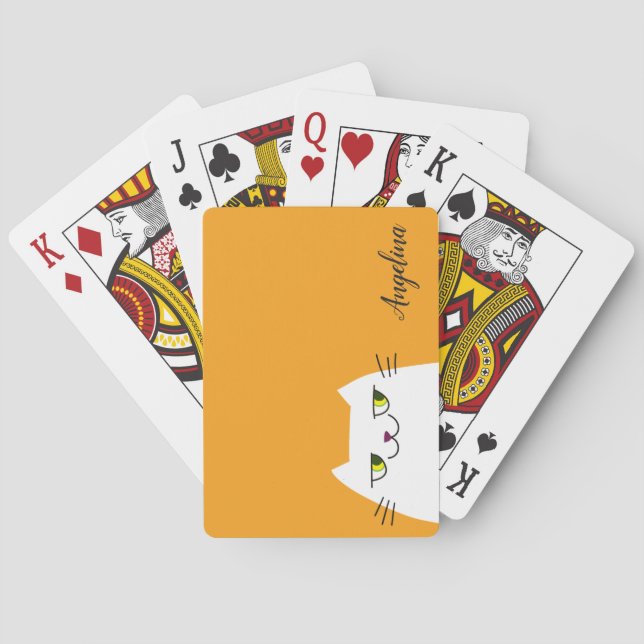 Funny Modern White Cat Mango Mojito Monogrammed Playing Cards (Back)