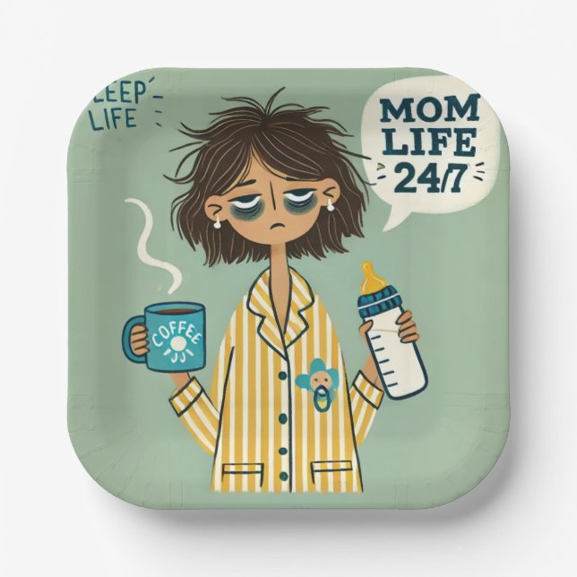 Funny Mom Paper Plates - "Mom Life 24/7" (Front)