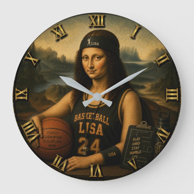 Funny Mona Lisa Basketball Large Clock (Front)