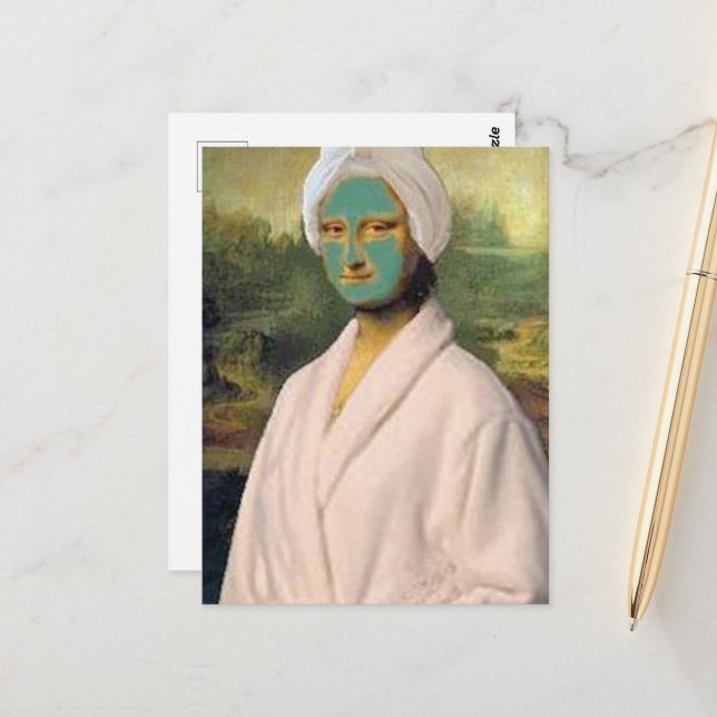 Funny Mona Lisa doing skincare wearing a robe Postcard (Front/Back In Situ)