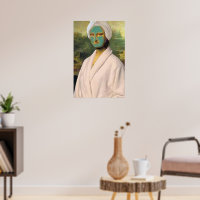 Funny Mona Lisa doing skincare wearing a robe