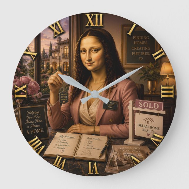 Funny Mona Lisa Real Estate Agent  Large Clock (Front)