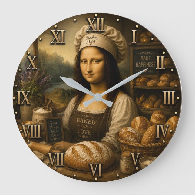 Funny Mona Lisa Rustic Bakery Kitchen Decor Large Clock (Front)