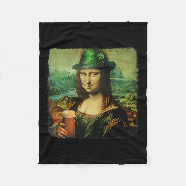 Funny Mona Lisa St. Patricks Day Shamrock Hat Lepr Fleece Blanket (Front)