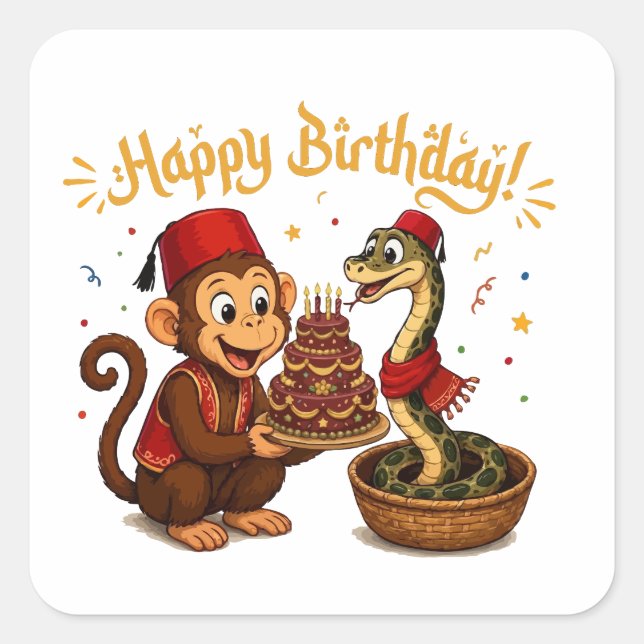 Funny Monkey and Snake Birthday Celebration Square Sticker (Front)