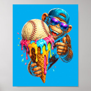 Funny Monkey Baseball Ice Cream Drip Sports Fan Poster