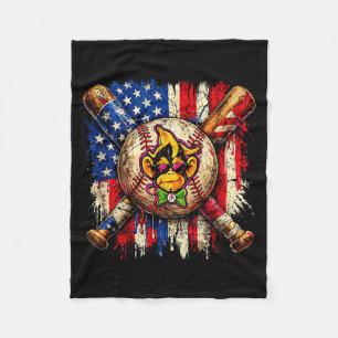 Funny Monkey Baseball Mascot with American Flag Fleece Blanket