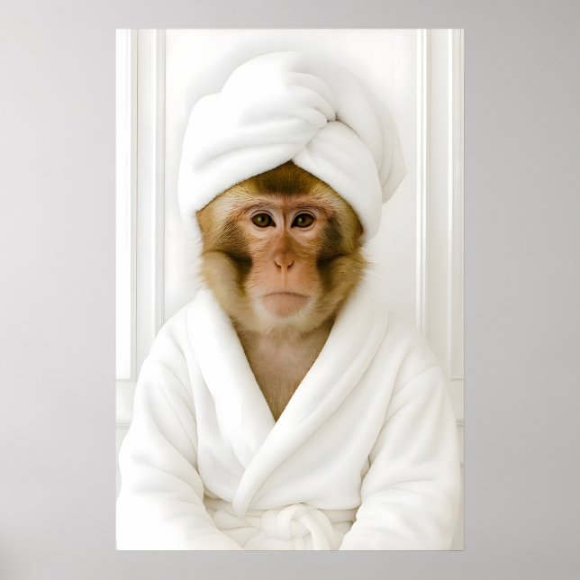 Funny Monkey Bathroom Print, Monkey In Bathrobe Poster (Front)