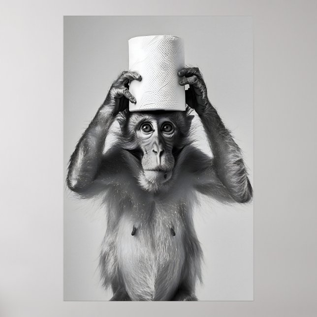 Funny Monkey Bathroom Print, Toilet Paper Hat Poster (Front)