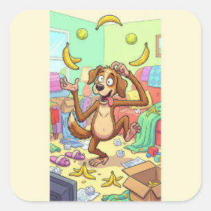 Funny Monkey Dog Juggling Bananas Square Sticker