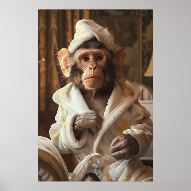 Funny Monkey in Bathrobe Print, Bathroom Humor Poster (Front)