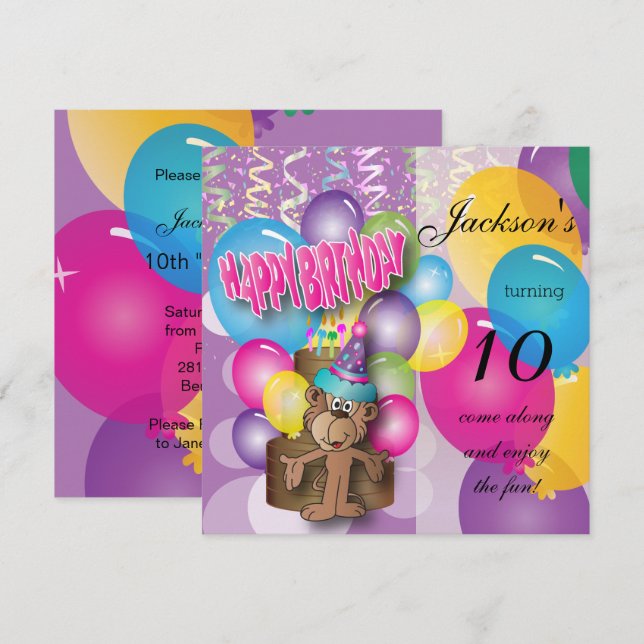 Funny Monkey Purple Birthday Party Invitation (Front/Back)