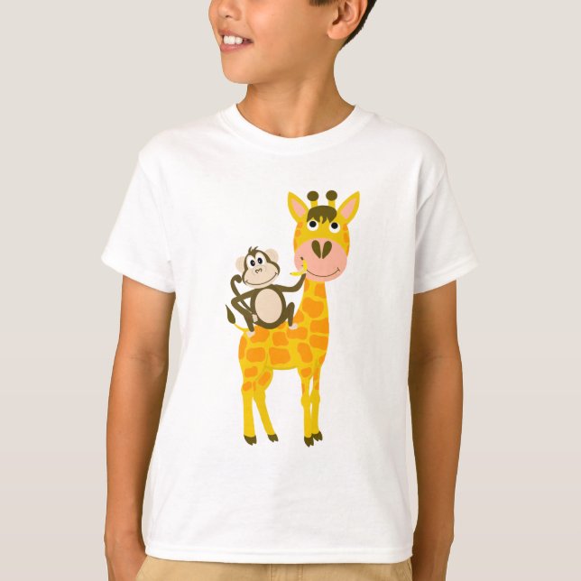 Funny Monkey Riding a Giraffe Cartoon T-Shirt (Front)