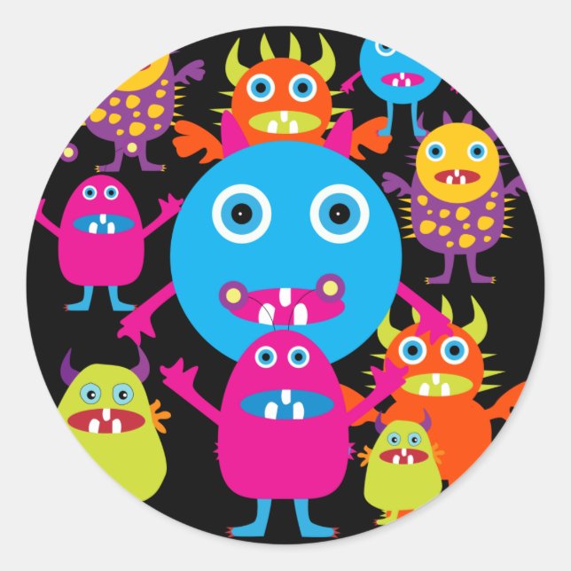 Funny Monster Bash Cute Creatures Party Classic Round Sticker (Front)