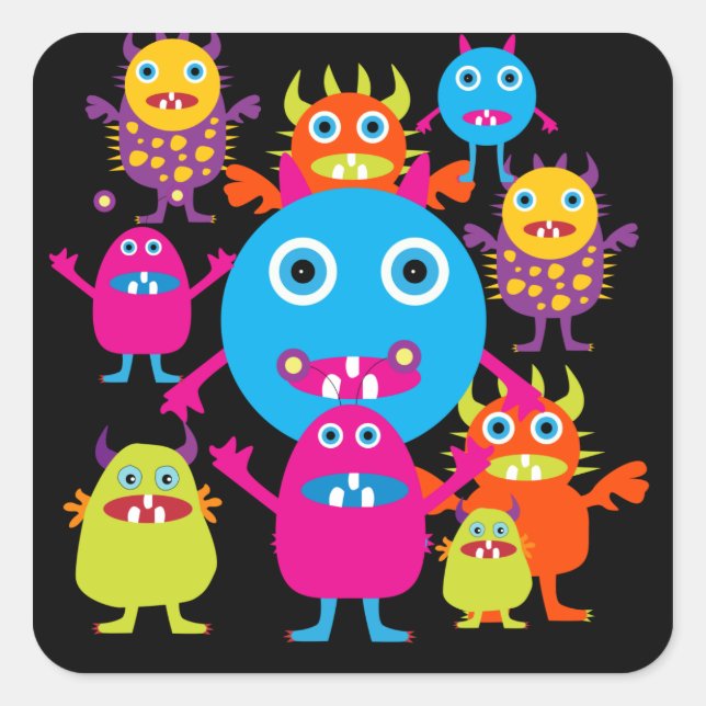 Funny Monster Bash Cute Creatures Party Square Sticker (Front)