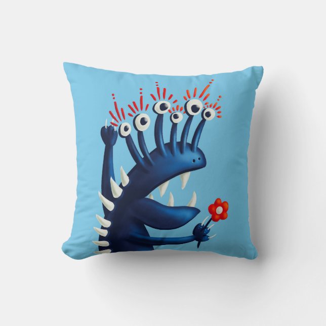 Funny Monster Flower Blue Kids Cushion (Front)
