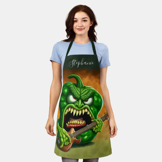 Funny Monster Green Bell Pepper Rocker Guitar Apron (Worn)
