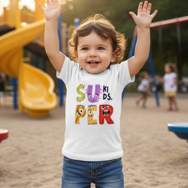 Funny Monster Letters 'Super Kids'  Baby T-Shirt (Creator Uploaded)