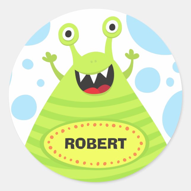 Funny monster personalised name stickers for kids (Front)