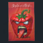 Funny Monster Red Bell Pepper Rocker Tea Towel<br><div class="desc">Funny angry capsicum chilli character.</div>