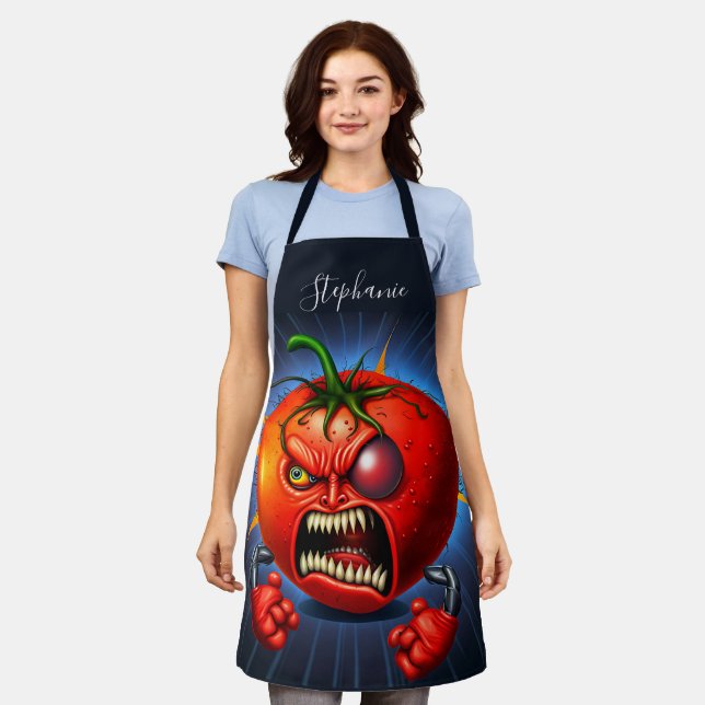 Funny Monster Red Tomato Boxer Apron (Worn)