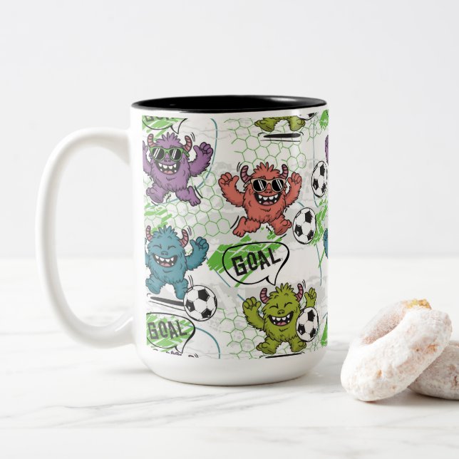 Funny Monster Soccer Pattern Two-Tone Coffee Mug (With Donut)