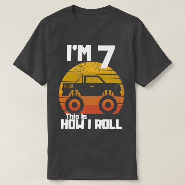 Funny Monster Trucks 7th Birthday Party Gift Seven T-Shirt (Design Front)