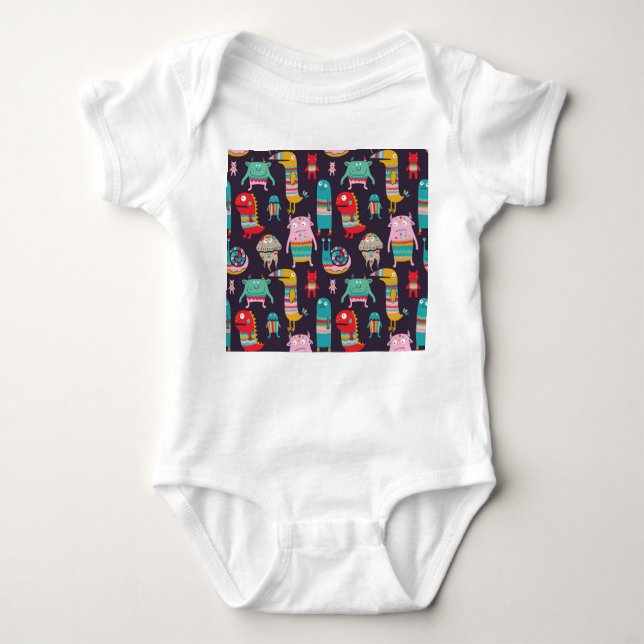 Funny Monsters Cartoon Seamless Pattern Baby Bodysuit (Front)