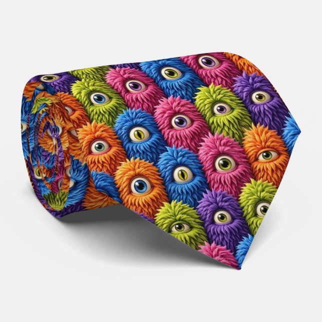 Funny Monsters Faux Silk | Furry Creatures Tie (Rolled)