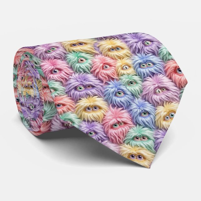 Funny Monsters Faux Silk | Furry Creatures Tie (Rolled)