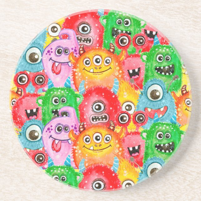 Funny Monsters, Watercolor Seamless Pattern. Coaster (Front)