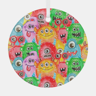 Funny Monsters, Watercolor Seamless Pattern. Glass Tree Decoration