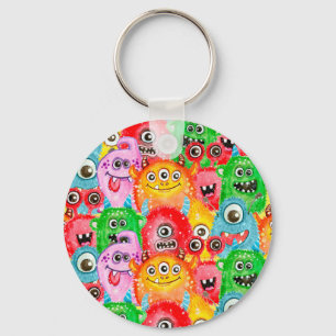 Funny Monsters, Watercolor Seamless Pattern. Key Ring