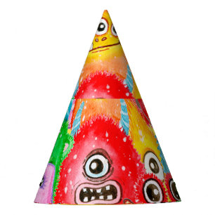 Funny Monsters, Watercolor Seamless Pattern. Party Hat