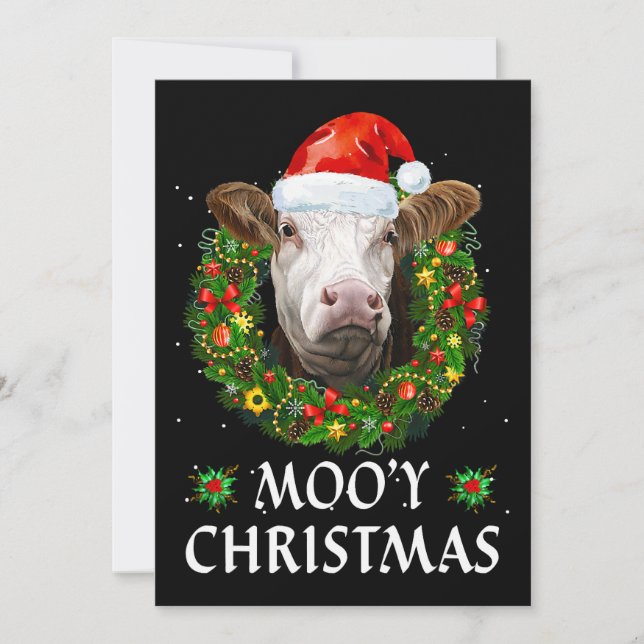 Funny Mooey Christmas Wreath Santa Hat Cow Moo Far Invitation (Front)