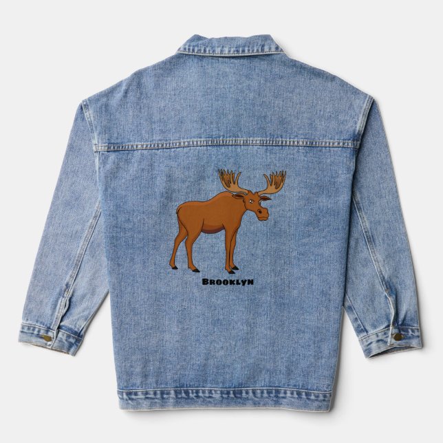 Funny moose cartoon illustration denim jacket (Back)