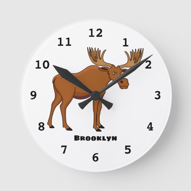 Funny moose cartoon illustration round clock (Front)