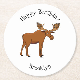 Funny moose cartoon illustration round paper coaster