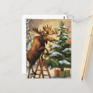 Funny Moose Decorating the Christmas Tree Postcard