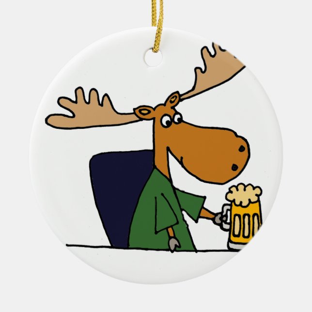 Funny Moose Drinking Beer Cartoon Ceramic Tree Decoration (Front)