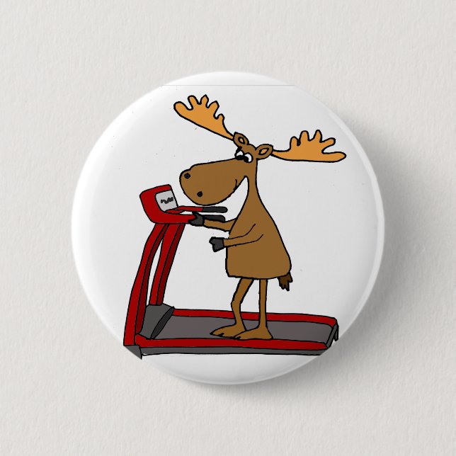 Funny Moose Exercising on Treadmill Cartoon 6 Cm Round Badge (Front)