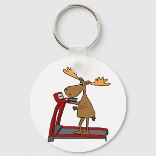 Funny Moose Exercising on Treadmill Cartoon Key Ring