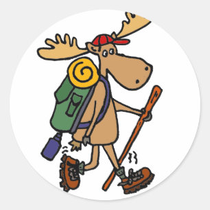Funny Moose Hiker Classic Round Sticker
