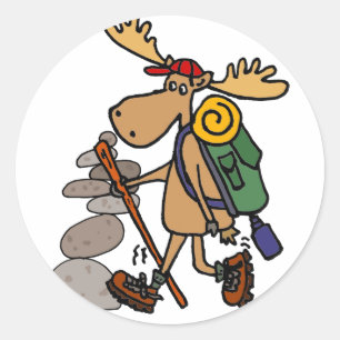 Funny Moose Hiking with Cairn Cartoon Classic Round Sticker