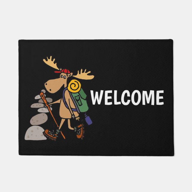 Funny Moose Hiking with Cairn Cartoon Doormat (Front)