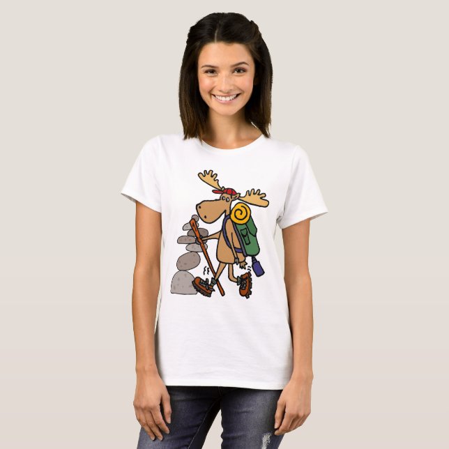 Funny Moose Hiking with Cairn Cartoon T-Shirt (Front Full)