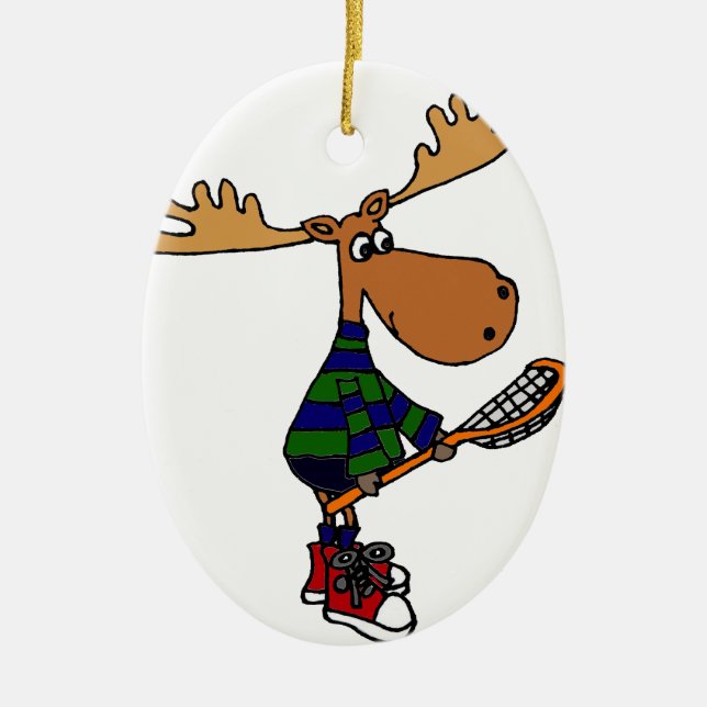 Funny Moose Holding Lacrosse Stick Ceramic Tree Decoration (Front)