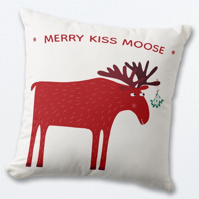 Funny Moose Holiday Cushion (Merry Kiss Moose funny festive pillow)